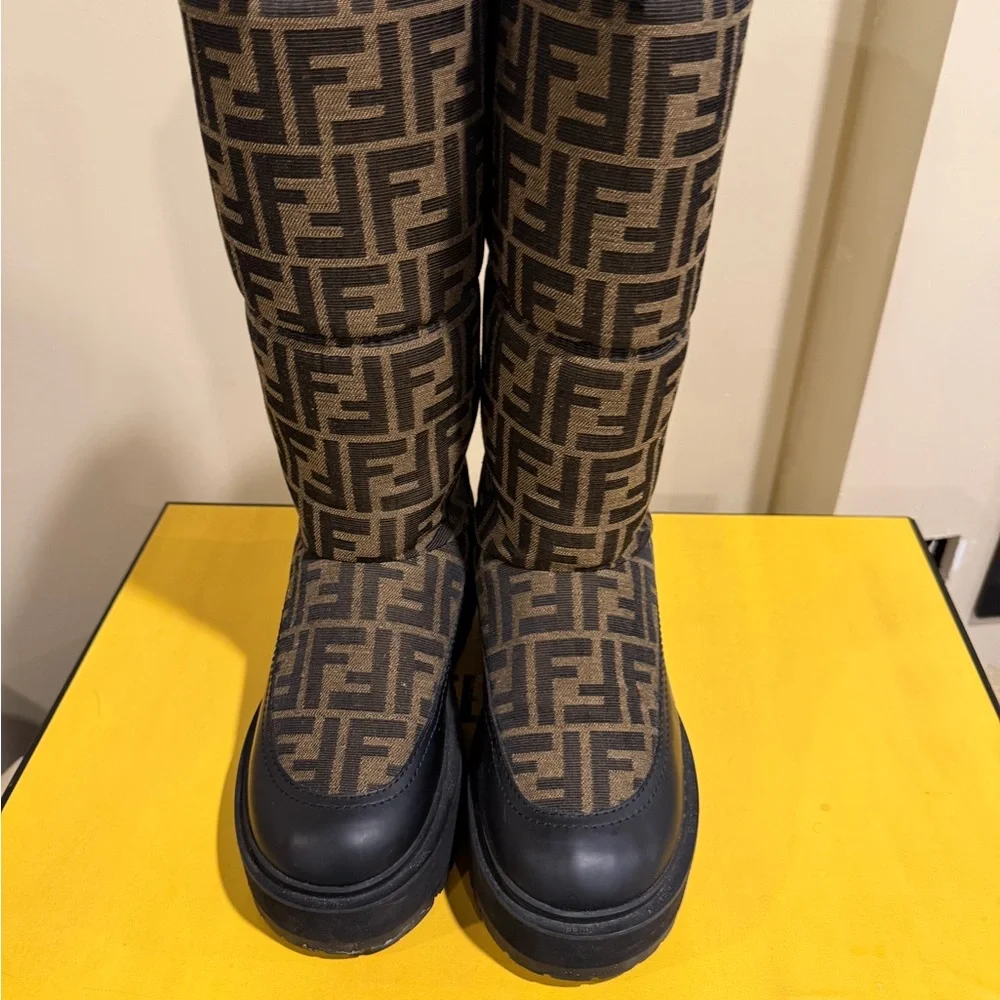 Fendi Brown and Black FF Logo Platform Boots